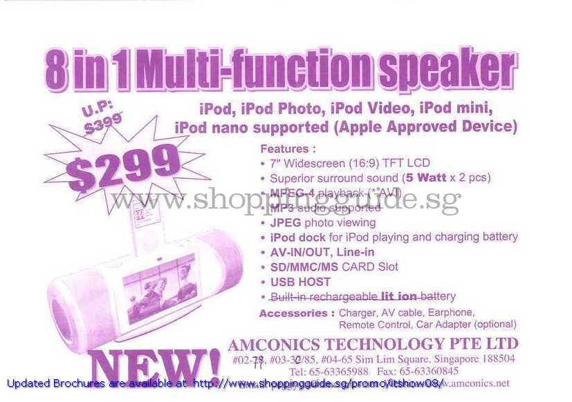 IT Show 2008 price list image brochure of Amconics 8 In 1 Multi Function Speaker IPod Dock