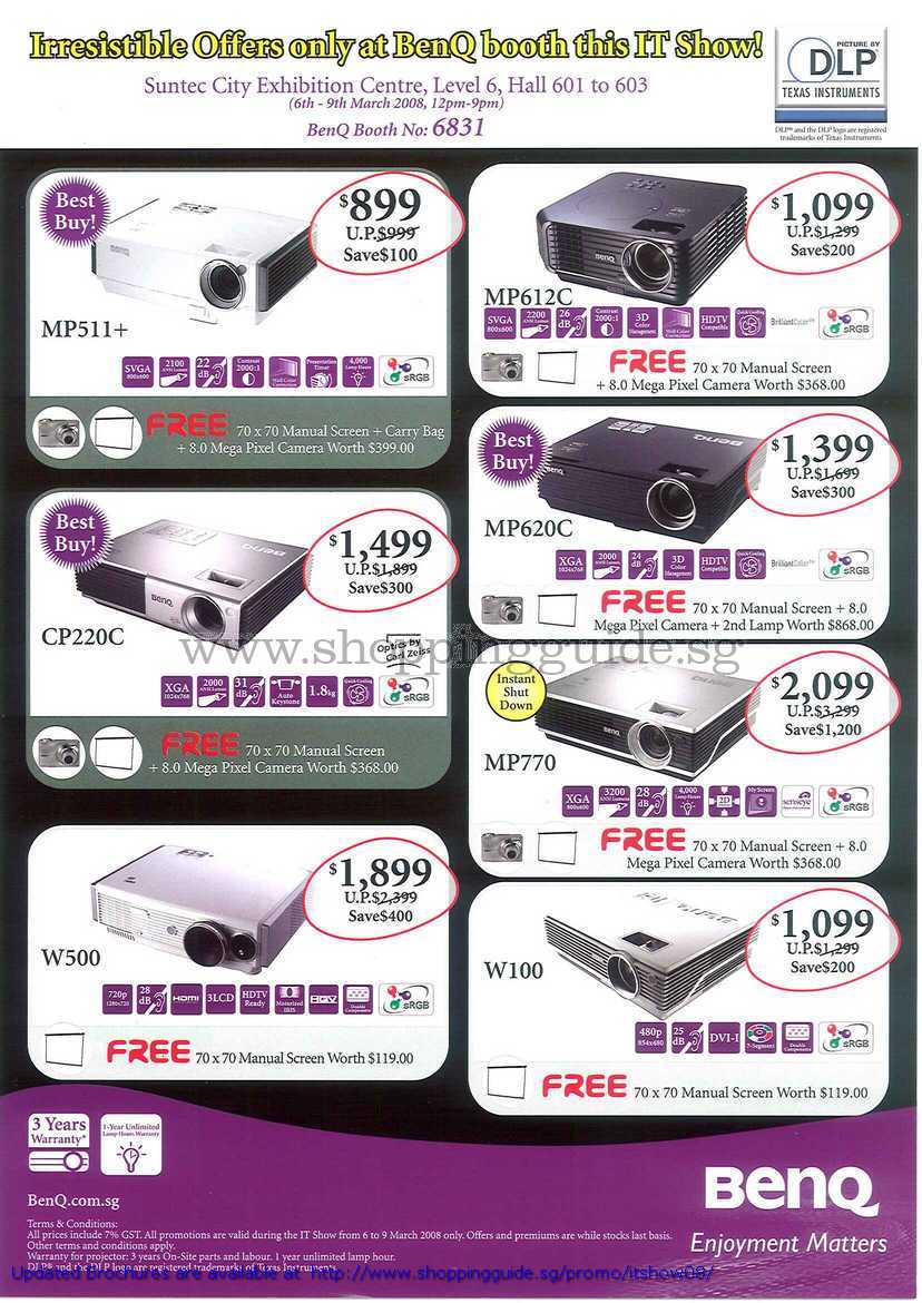 IT Show 2008 price list image brochure of BenQ Projectors MP511 MP612C MP620C MP770 CP220C W100 W500