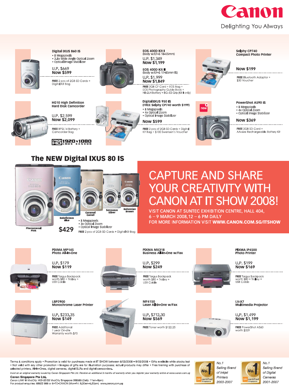 IT Show 2008 price list image brochure of Canon Digital Cameras Camcorders Ixus PowerShot Pixma Printers Inkjet Laser Photo