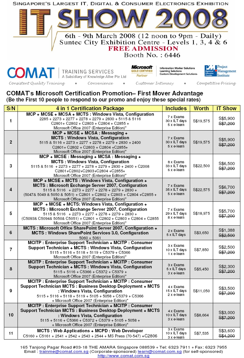 IT Show 2008 price list image brochure of Comat Training Services Microsoft Certification MCP MCSE MCTS MCSA MCITP MCPD