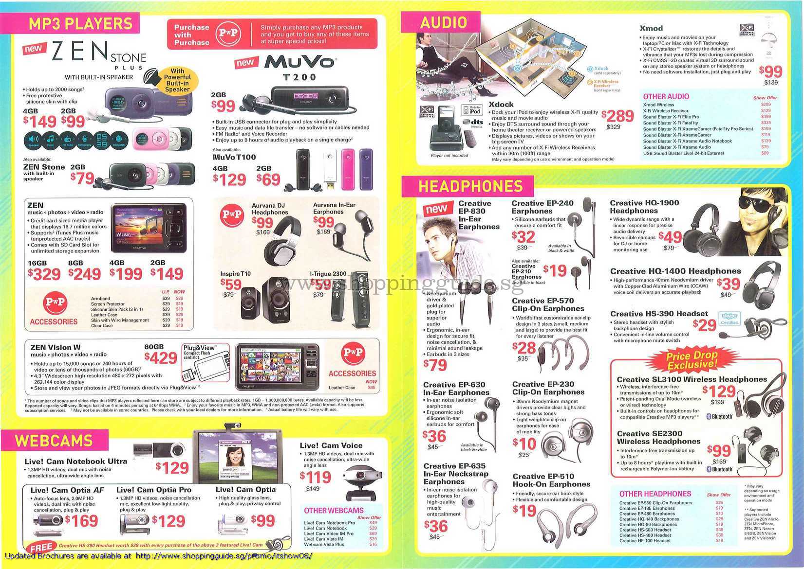 IT Show 2008 price list image brochure of Creative Mp3 Zen Stone Muvo Vision Live Cam Optia Xmod Xdock Earphones Headphones