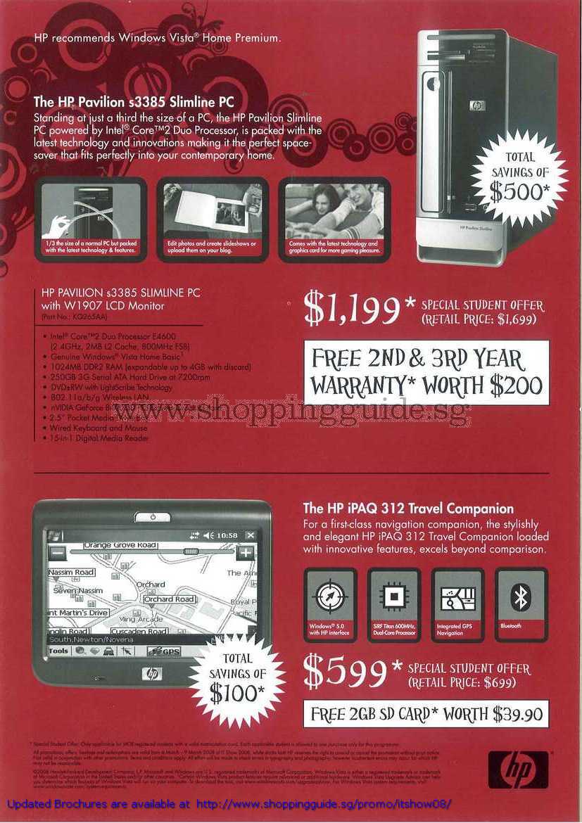 IT Show 2008 price list image brochure of HP Pavilion S3385 Slimline PC IPAQ 312 Travel Companion