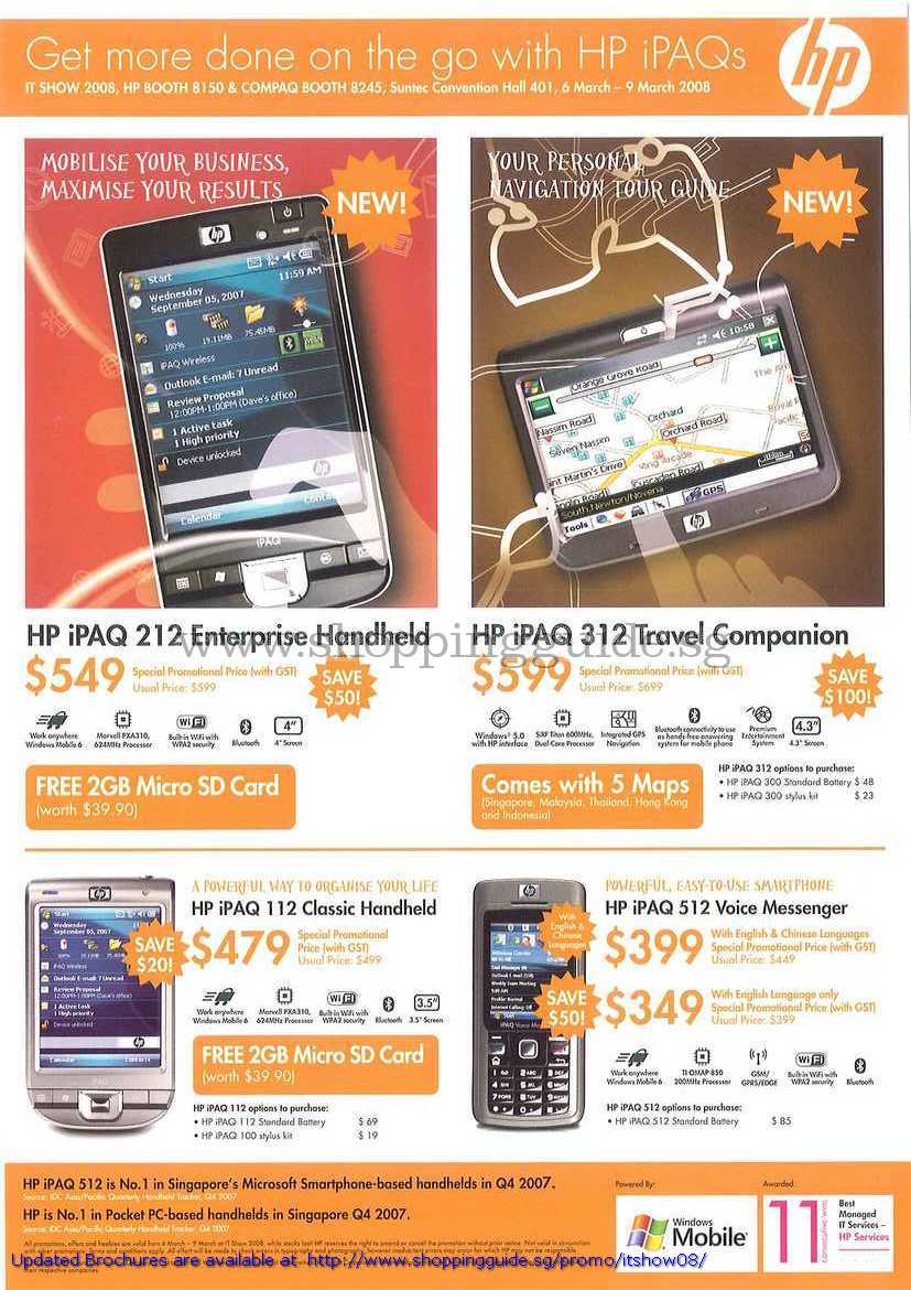 IT Show 2008 price list image brochure of HP IPAQ 212 Enterprise 312 Travel Companion 112 Classic 512 Voice Messenger