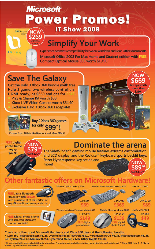 IT Show 2008 price list image brochure of Microsoft Office 2008 Mac Halo 3 Xbox 360 Sidewinder Keyboard Mouse LifeCam