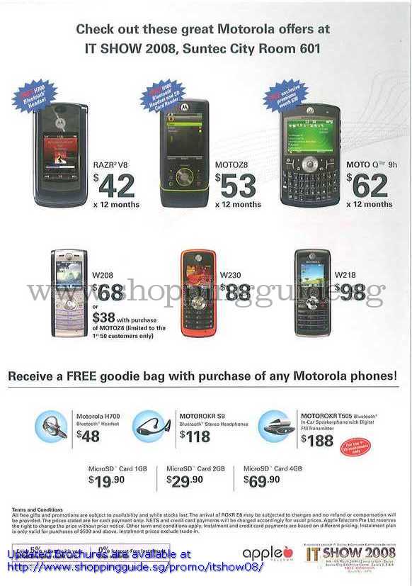 IT Show 2008 price list image brochure of Motorola Mobile Phones Razr V8 Motoz8 Q W208 W230 W218 Bluetooth Headset