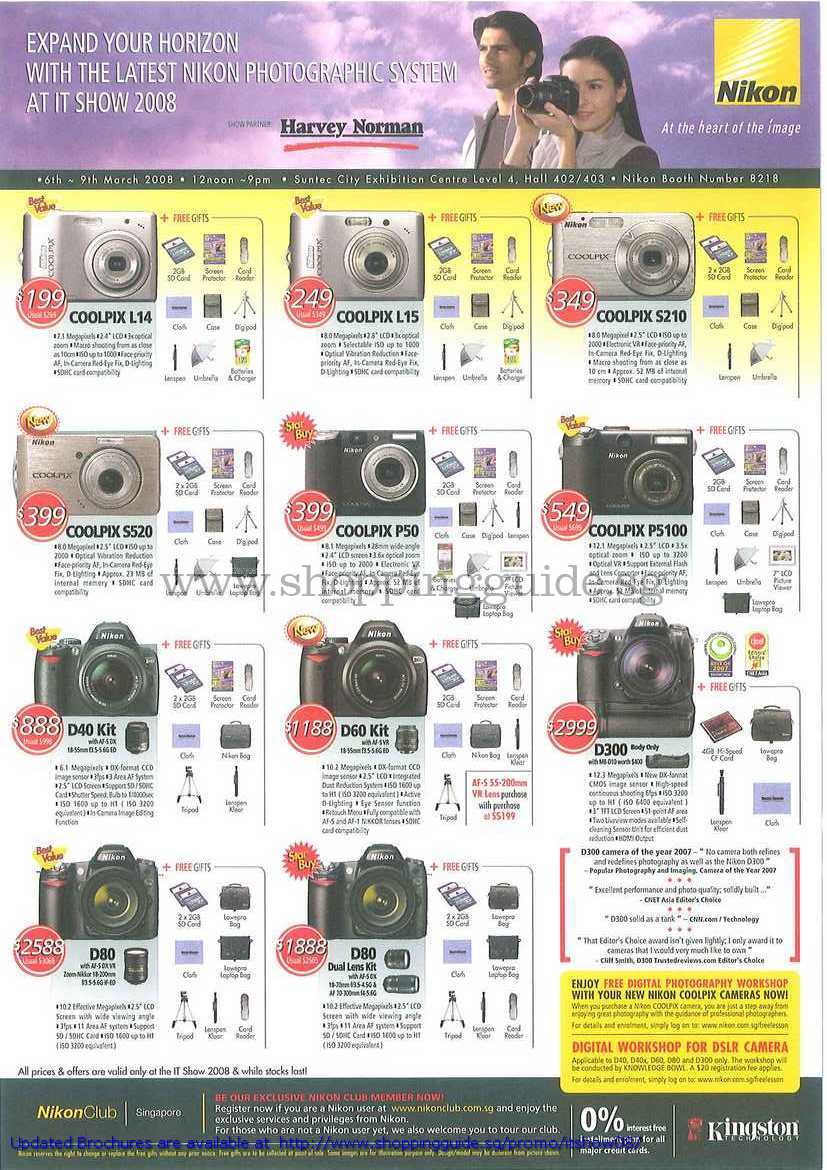 IT Show 2008 price list image brochure of Nikon Coolpix Digital Cameras L14 L15 S210 S520 P50 P5100 D40 D60 D300 D80