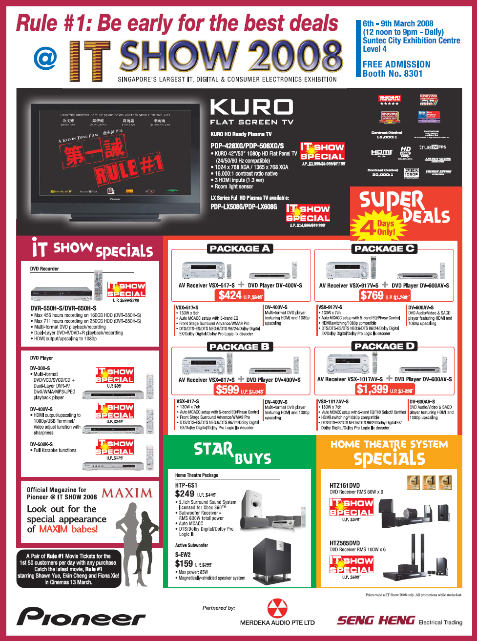 IT Show 2008 price list image brochure of Pioneer Kuro Plasma TV DVD Recorder AV Player Home Theatre HTP HTZ DV DVR