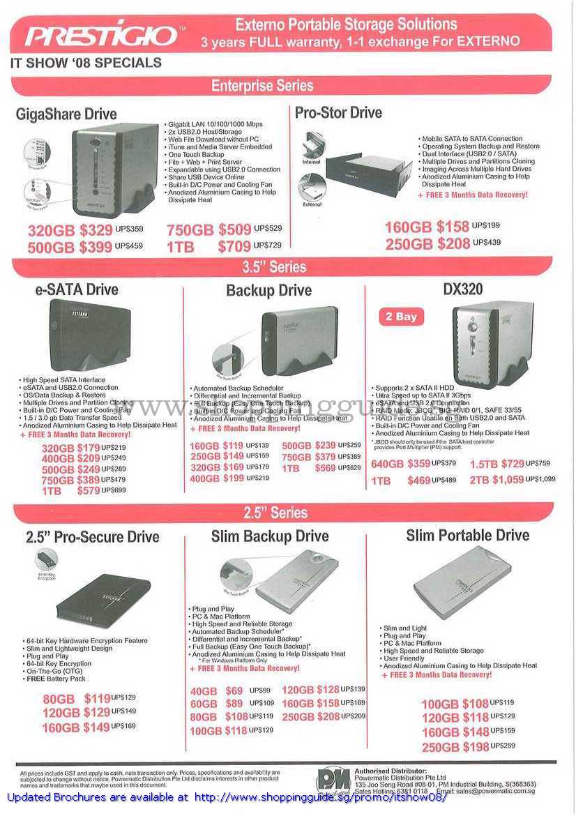 IT Show 2008 price list image brochure of Prestigio External Drive GigaShare Pro-Stor ESata DX320 Pro-Secure Portable