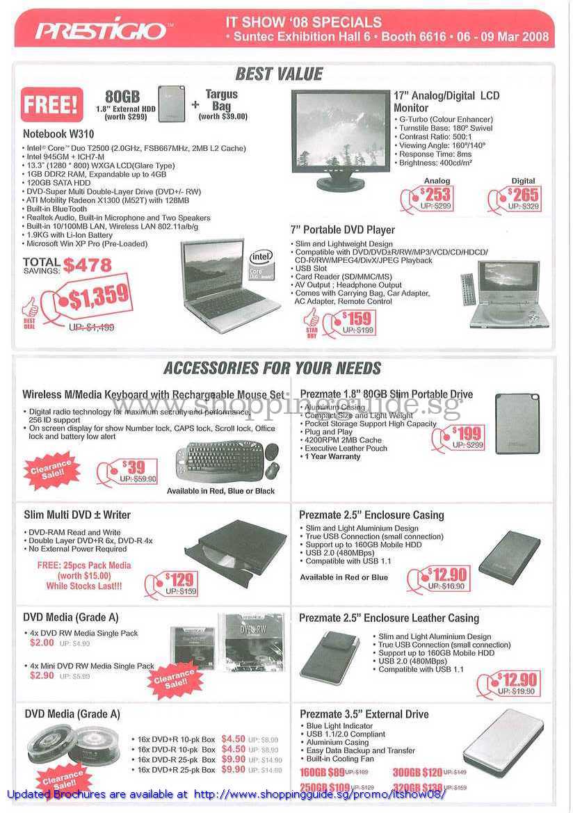 IT Show 2008 price list image brochure of Prestigio Notebook W310 LCD Monitor Portable DVD Player Keyboard Writer Enclosure Media