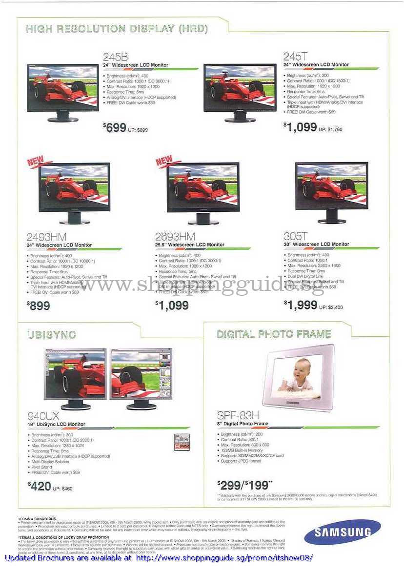 IT Show 2008 price list image brochure of Samsung LCD Monitors 245B 245T 2493HM 2693HM 305T 940UX Digital Photo Frame SPF-83H