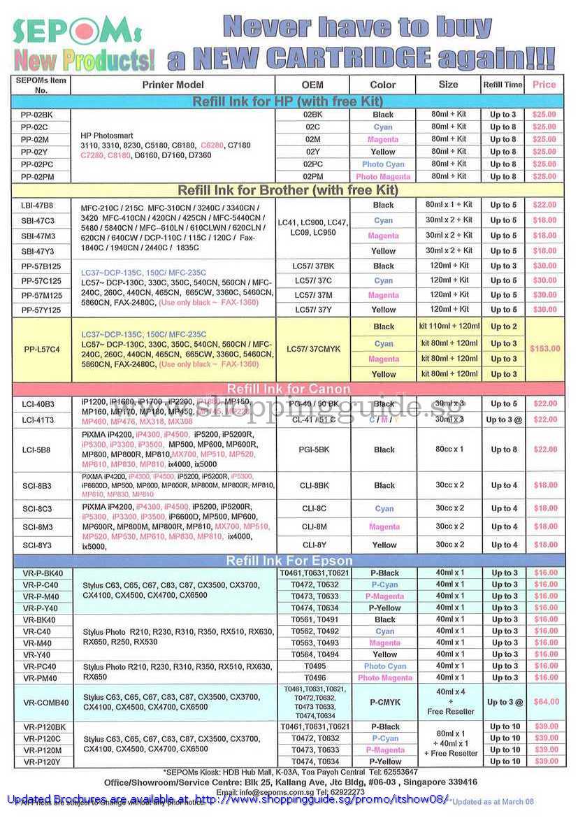 IT Show 2008 price list image brochure of Sepoms Ink Cartridge Brother HP Canon Epson