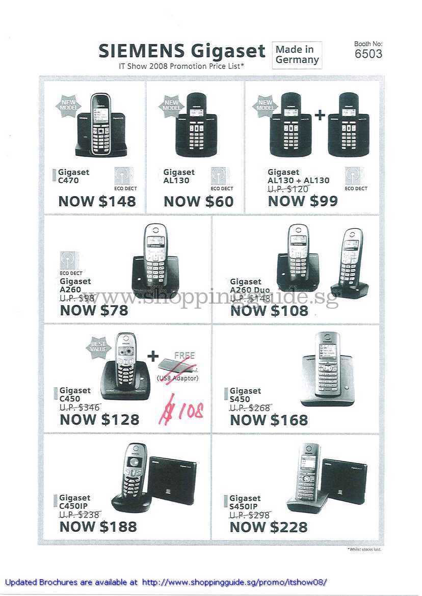 IT Show 2008 price list image brochure of Siemens Gigaset DECT Phones C470 AL130 A260 Duo C450 S450 C450IP S450IP