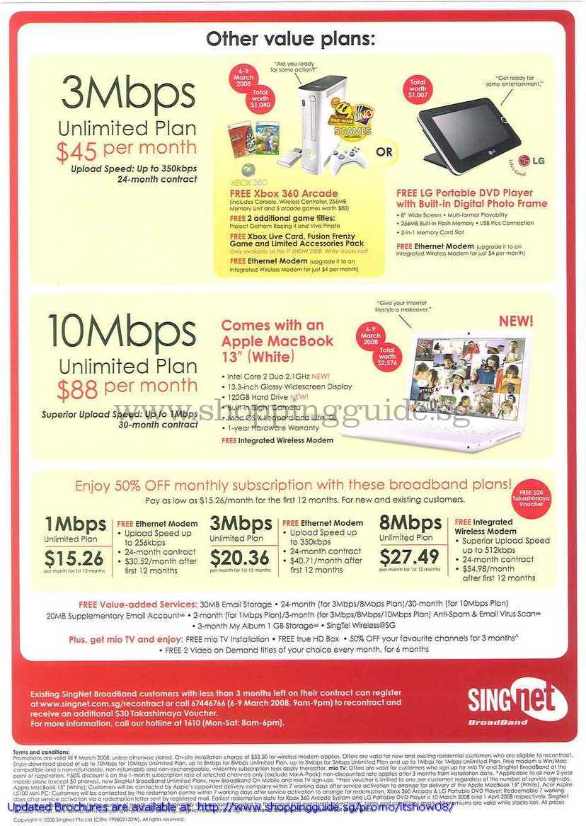 IT Show 2008 price list image brochure of Singtel Singnet Broadband Xbox 360 LG DVD Player Apple Macbook