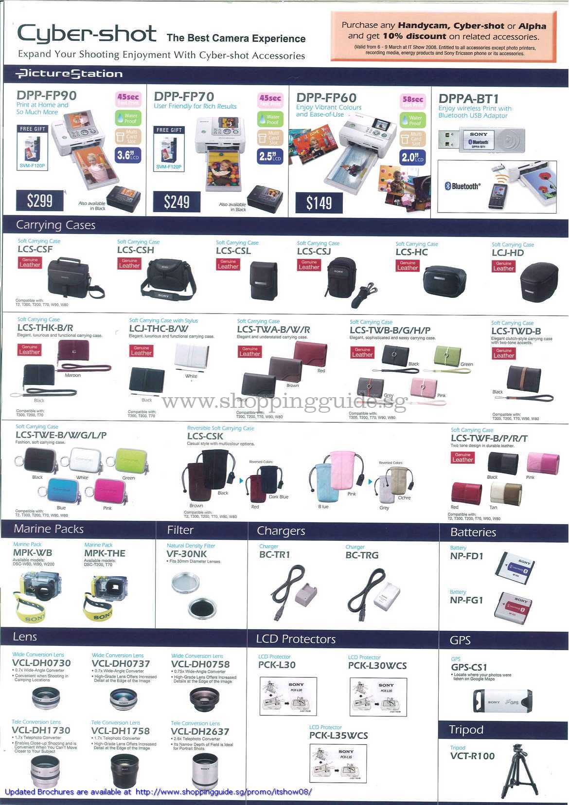 IT Show 2008 price list image brochure of Sony Cybershot Picture Station DPP LCS Marine Packs Filter Chargers Batteries Lens GPS Tripod