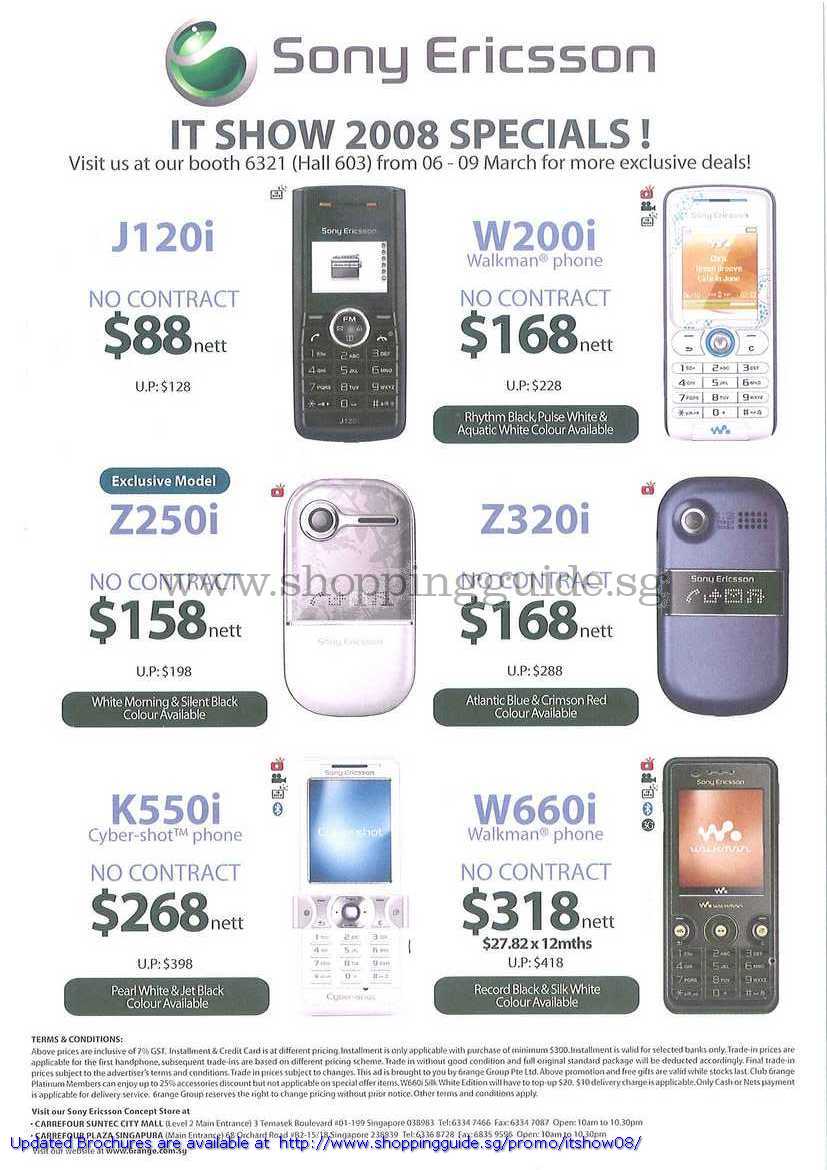 IT Show 2008 price list image brochure of Sony Ericsson Mobile Phone J120i W200i Z250i Z320i K550i W660i