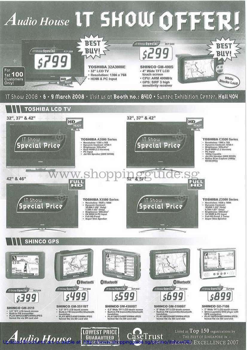 IT Show 2008 price list image brochure of Toshiba LCD TV A3500 X3500 C3500 Z3500 Shinco GPS GM