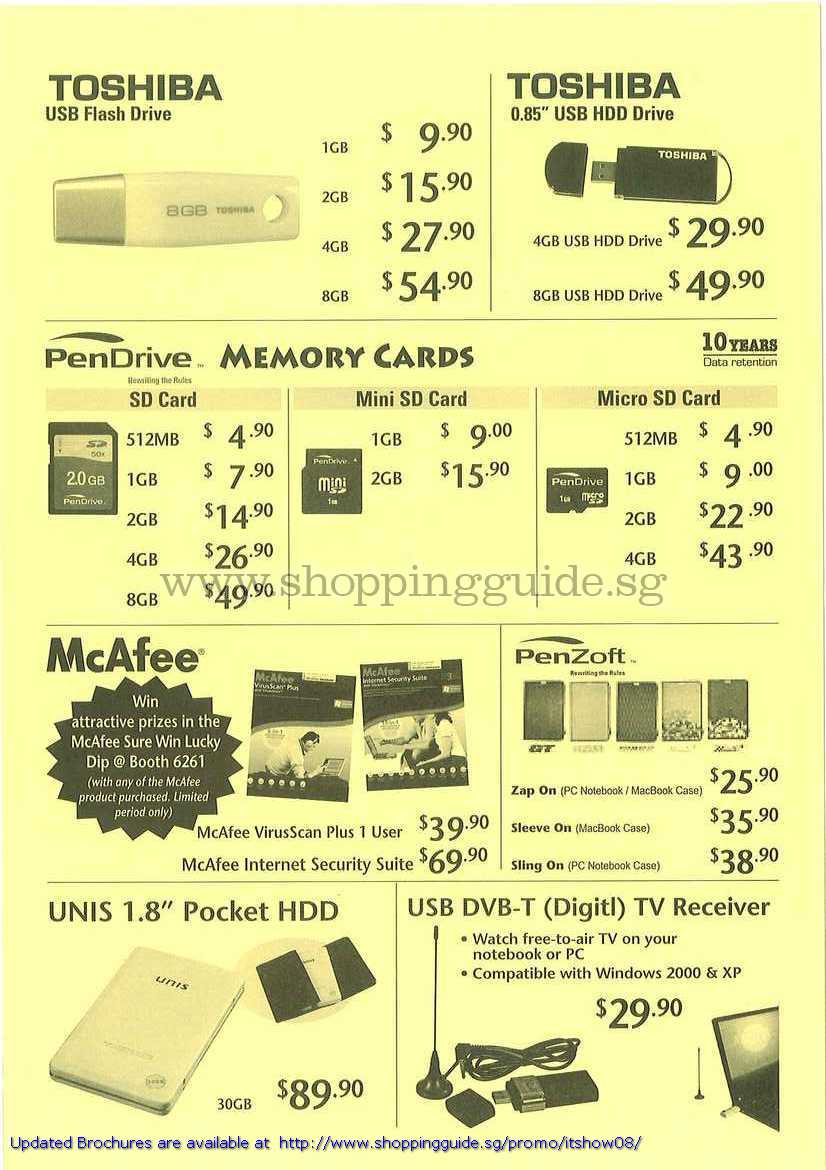 IT Show 2008 price list image brochure of Toshiba USB Flash Thumb HDD Drive PenDrive McAfee Penzoft SD MiniSd MicroSD TV UNIS