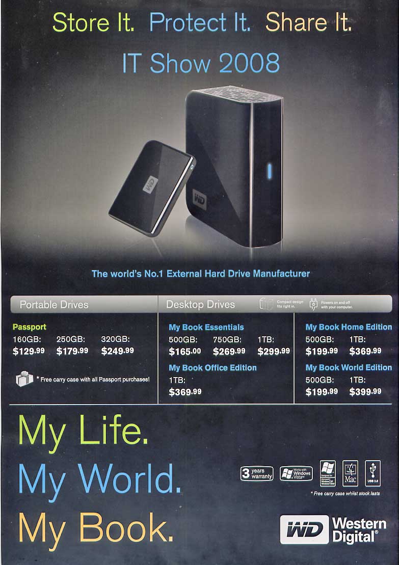 IT Show 2008 price list image brochure of Western Digital WD Portable Drive My Book Essentials Home Office World Passport