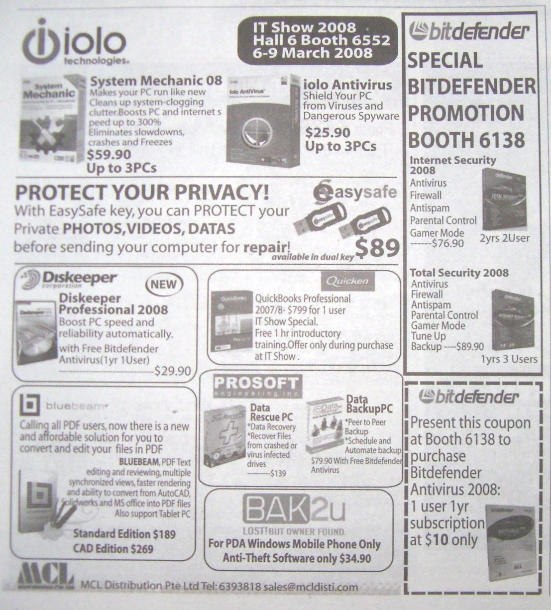 IT Show 2008 price list image brochure of Iolo Technologies System Mechanic Diskeeper BitDefender Antivirus Quickbooks