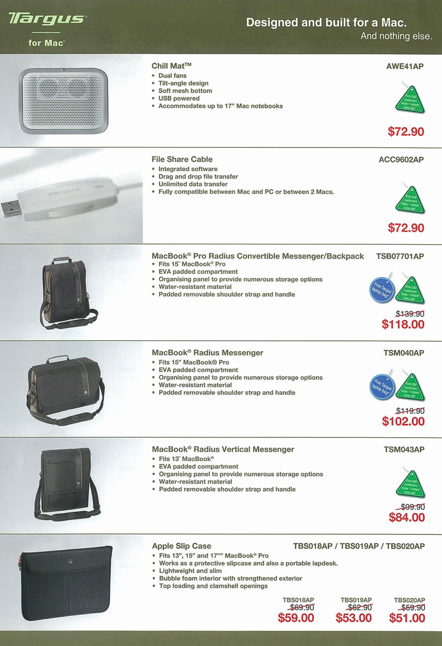 IT Show 2009 price list image brochure of Targus Mac Mat Cable Bags Tclong