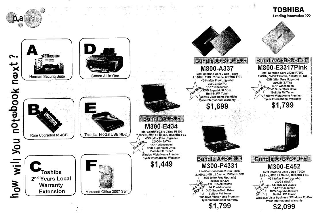 IT Show 2009 price list image brochure of Toshiba M800 M300 Notebooks PA Mart (tclong)