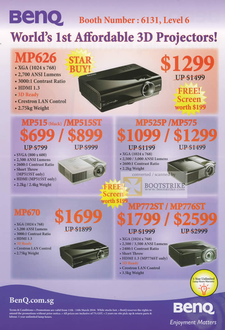 IT Show 2010 price list image brochure of BenQ Projectors 3D MP626 MP515 MP515ST MP525P MP575 MP670 MP772ST MP776ST