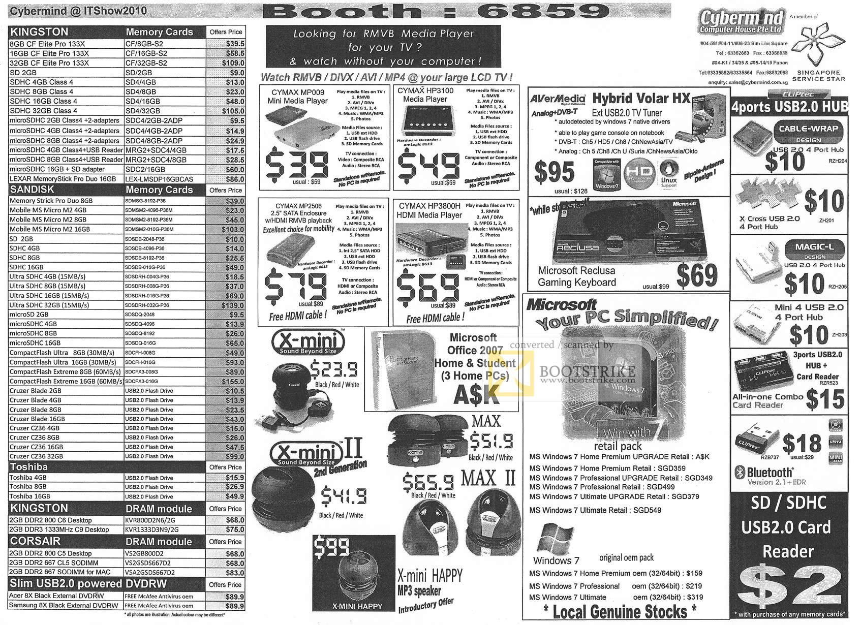 IT Show 2010 price list image brochure of Cybermind Memory Cards Flash Drive Media Player Cymax MP009 HP3100 MP2506 HP3800H X Mini TV Tuner