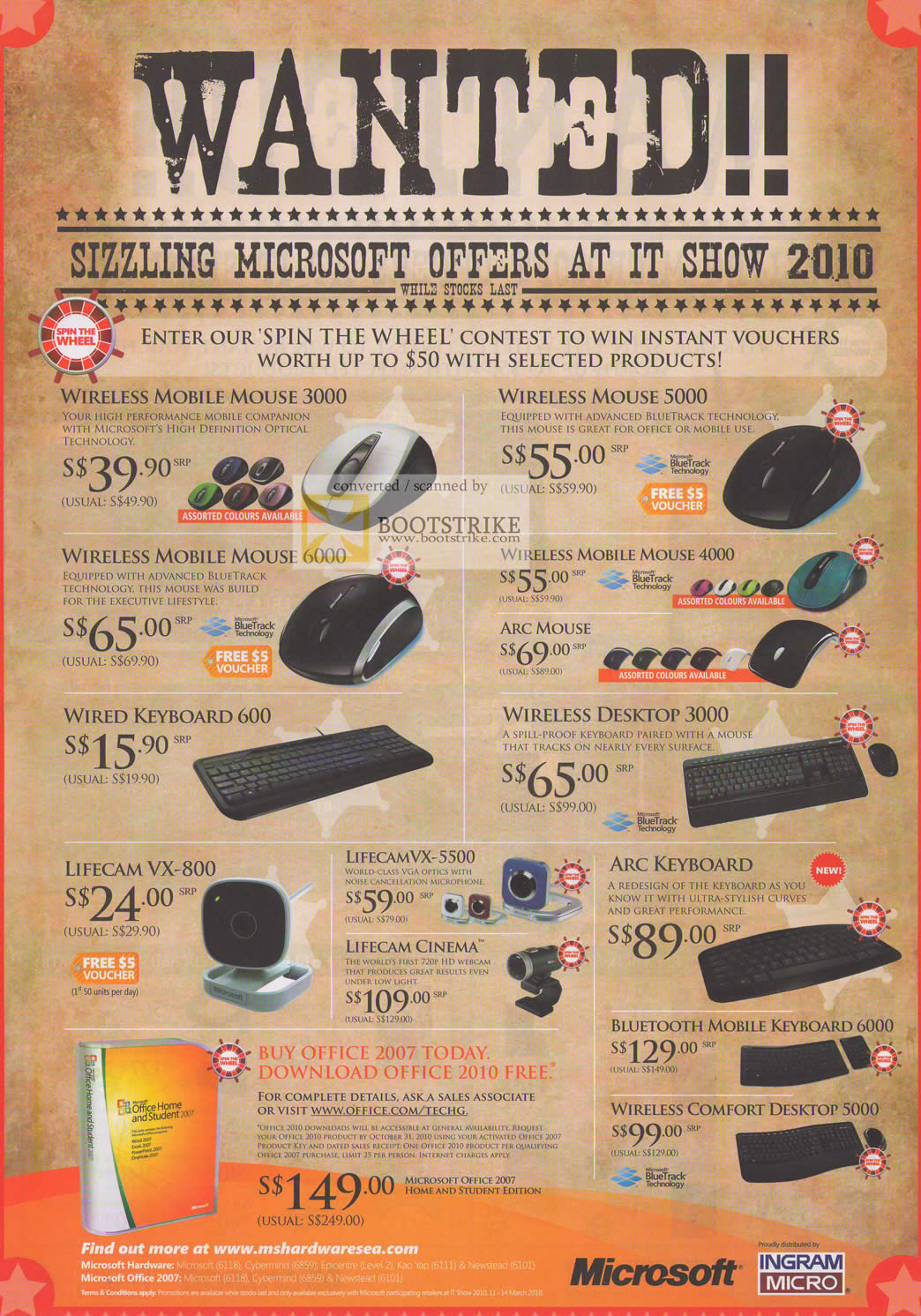 IT Show 2010 price list image brochure of Microsoft Wireless Mobile Mouse Keyboard Desktop LifeCam Arc Bluetooth Office 2007 Comfort