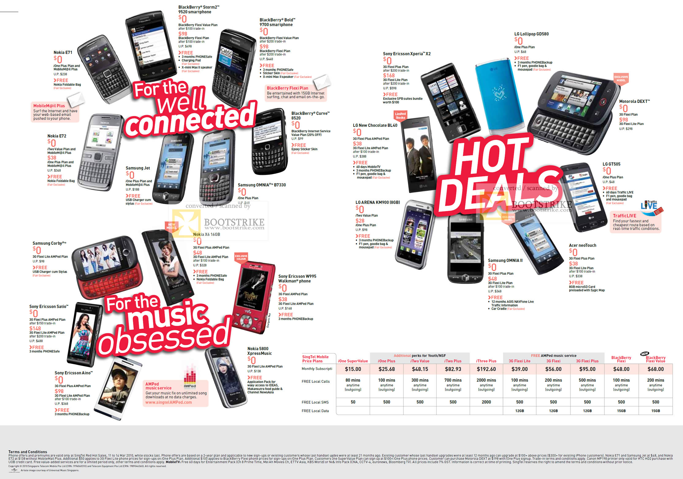 IT Show 2010 price list image brochure of Singtel Mobile Phones Nokia E71 BlackBerry Storm2 Curve Bold Samsung Omnia Jet Sony Ericsson Satio Aino XpressMusic Acer LG Motorola