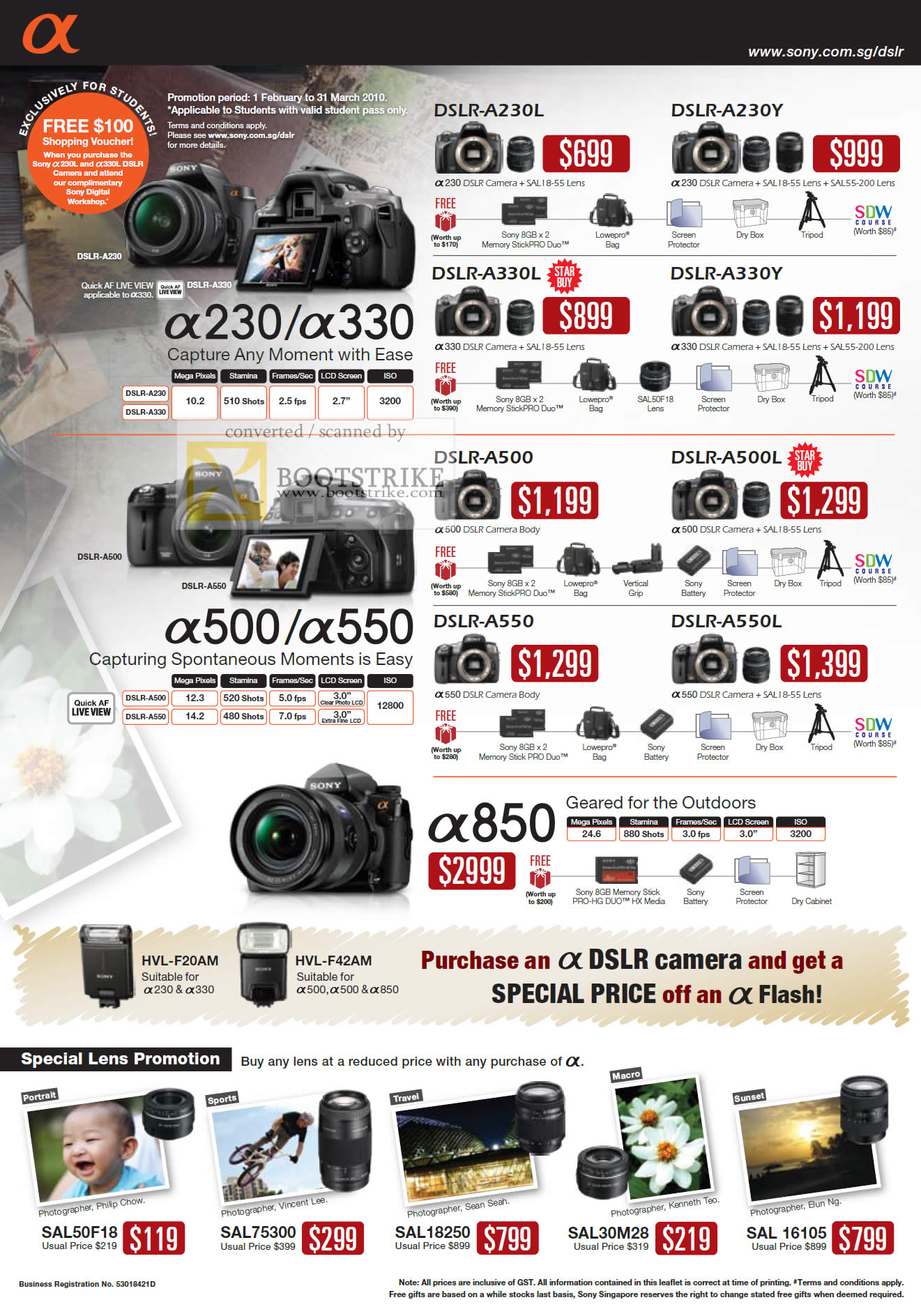 IT Show 2010 price list image brochure of Sony Alpha Digital Cameras DSLR A230L A230Y A330L A330Y A230 A330 A500 A550l A550 A850 Lens SAL