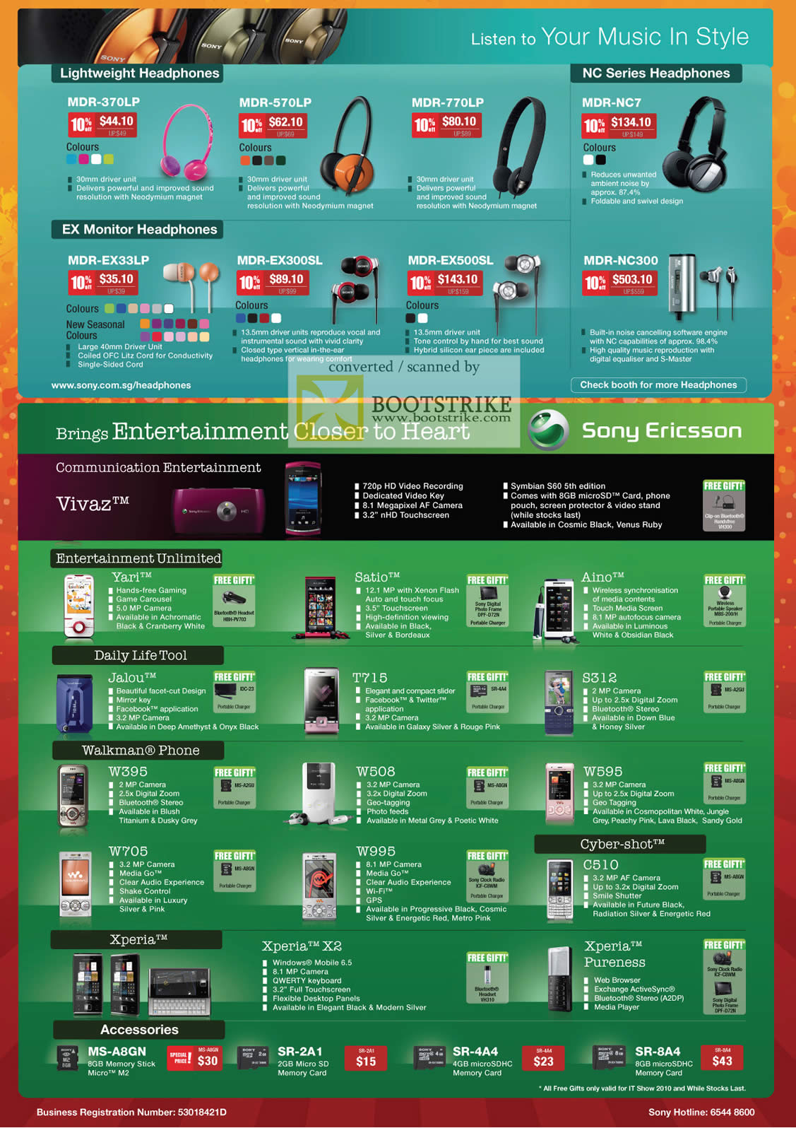 IT Show 2010 price list image brochure of Sony EX Monitor NC Headphones Mobile Phones Ericsson Yari Satio Aino Jalou W395 W705 W995 Cybershot C510 Xperia X2