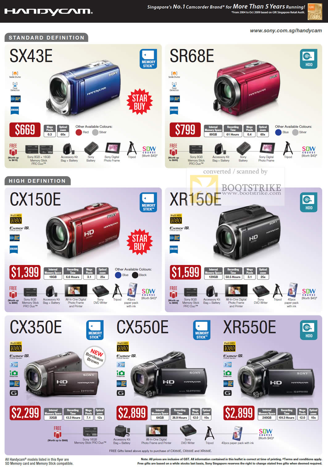 IT Show 2010 price list image brochure of Sony Handycam Video Camcorder SX43E SR68E CX150E XR150E CX350E CX550E XR550E