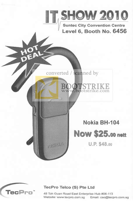 IT Show 2010 price list image brochure of TecPro Nokia BH 104 Bluetooth Headset