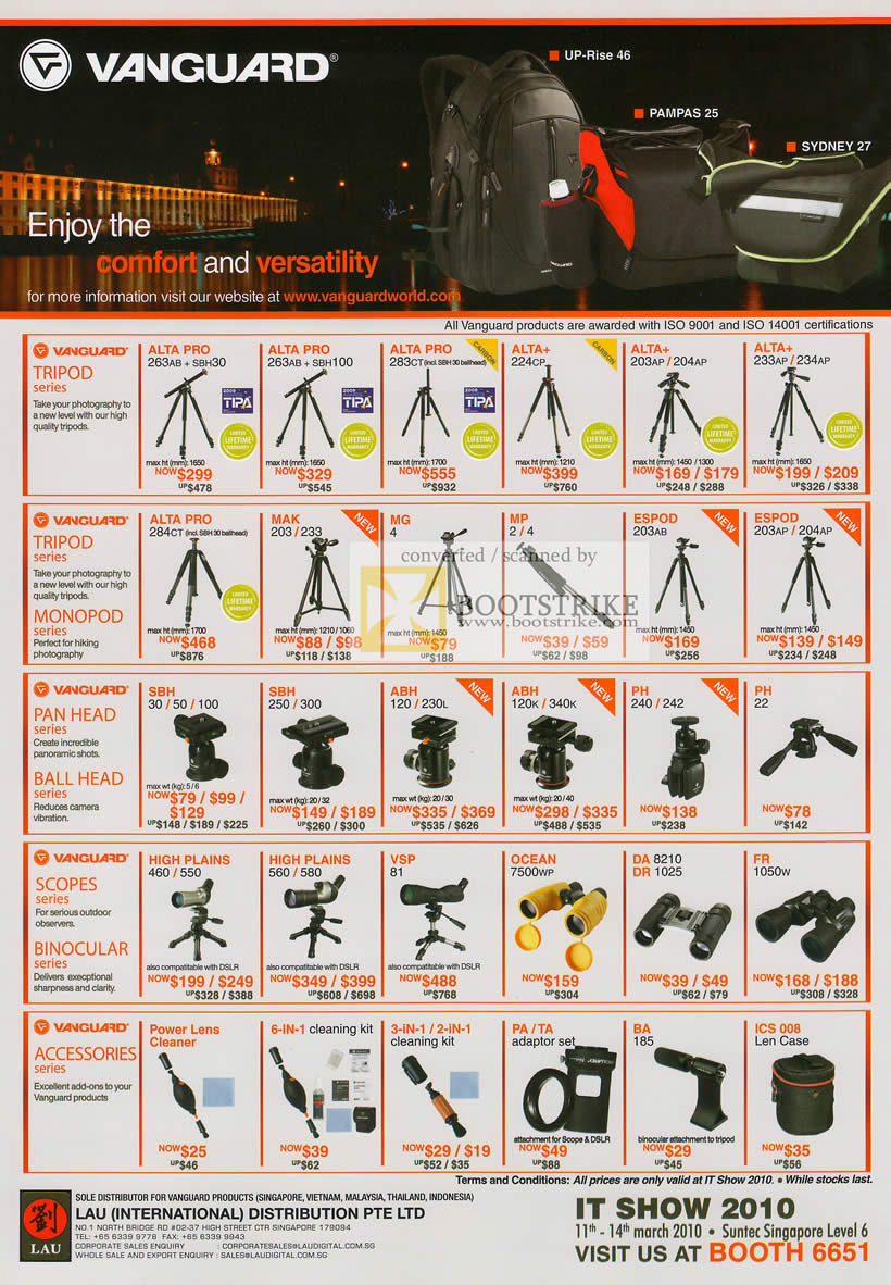 IT Show 2010 price list image brochure of Vanguard Tripod Monopod Pan Head Ball Scopes Binocular