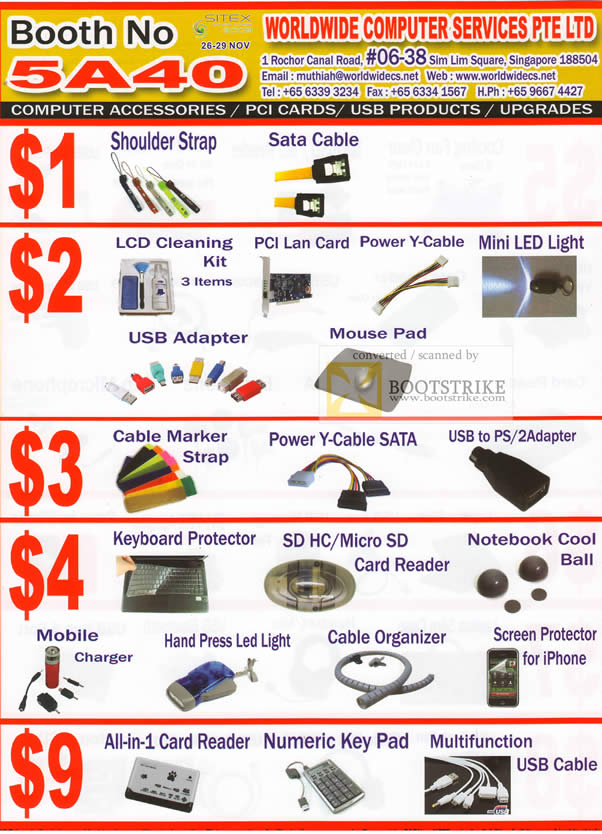 IT Show 2010 price list image brochure of Worldwide Computer Services Shoulder Strap USB Adaptor Card Reader Mobile Charger Accessories