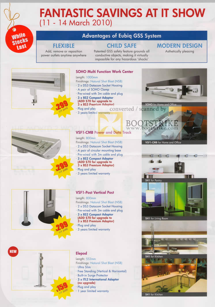 IT Show 2010 price list image brochure of Eubiq GSS System SOHO Multi Function Work Center VSF1 CMB Vertical Post Elepod