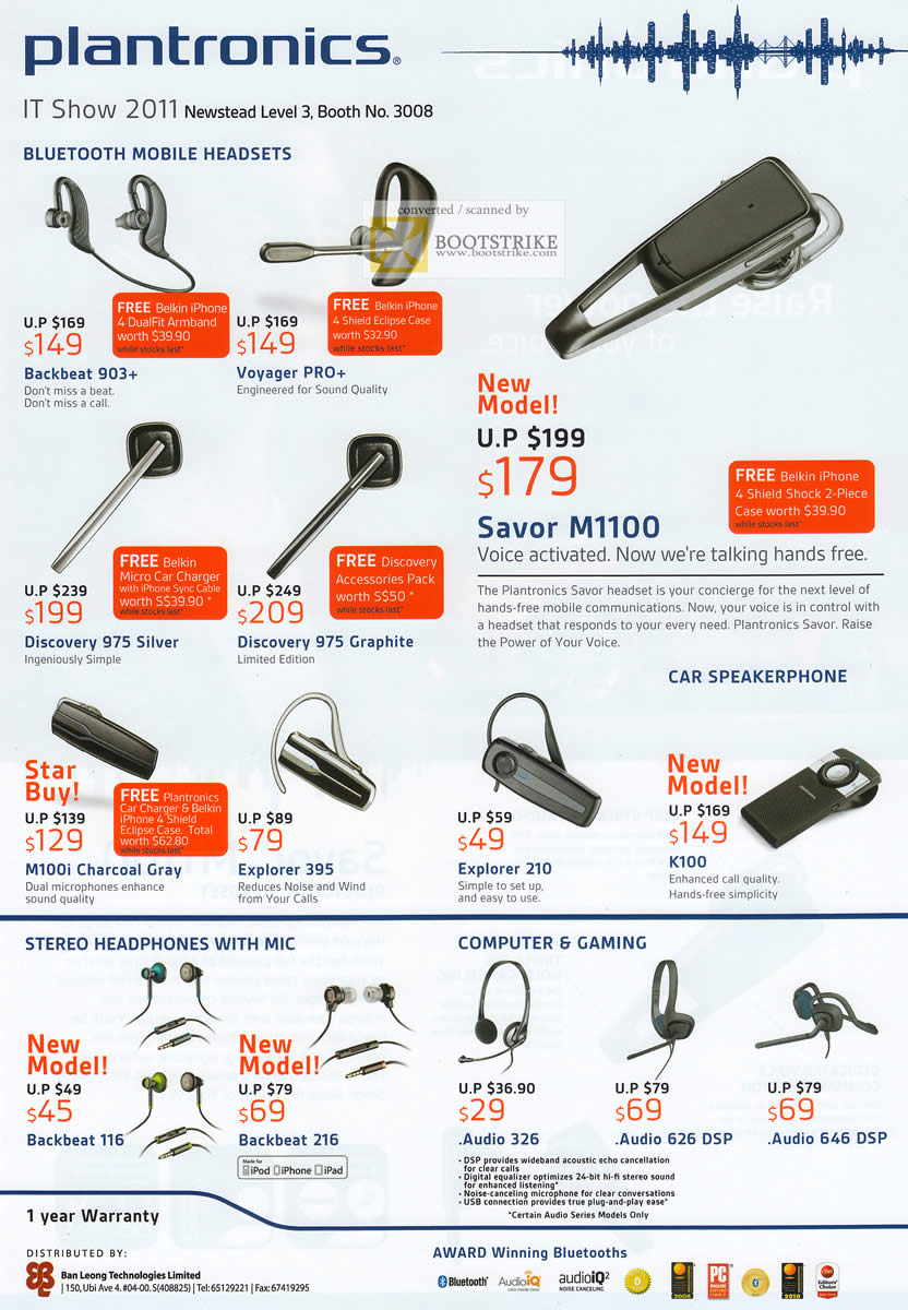 IT Show 2011 price list image brochure of AAAs Com Plantronics Bluetooth Headsets Backbeat 903 Voyager Pro Savor M1100 Discovery 975 Silver Graphite M100i Explorer Audio DSP