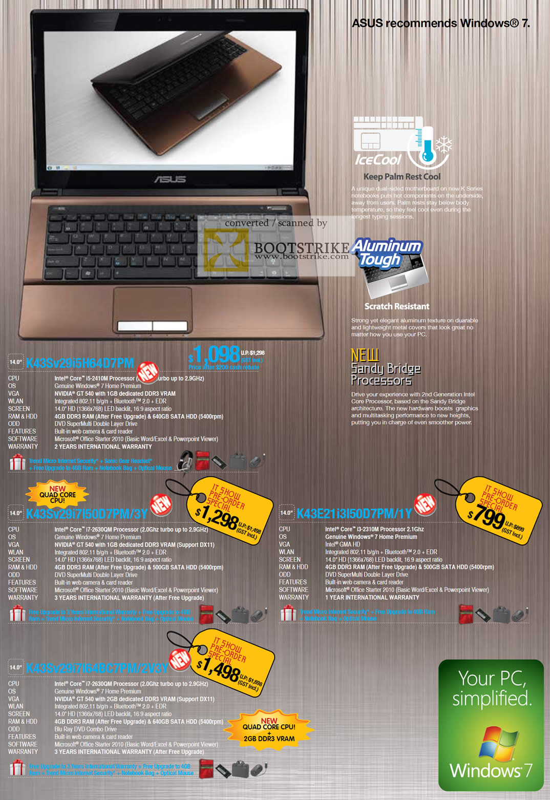 IT Show 2011 price list image brochure of ASUS Notebooks K43S V29i5H64D7PM V29I7150D7PM 3Y K43E 21I3L50D7PM 1Y V29I7L64BC7PM 2V3Y