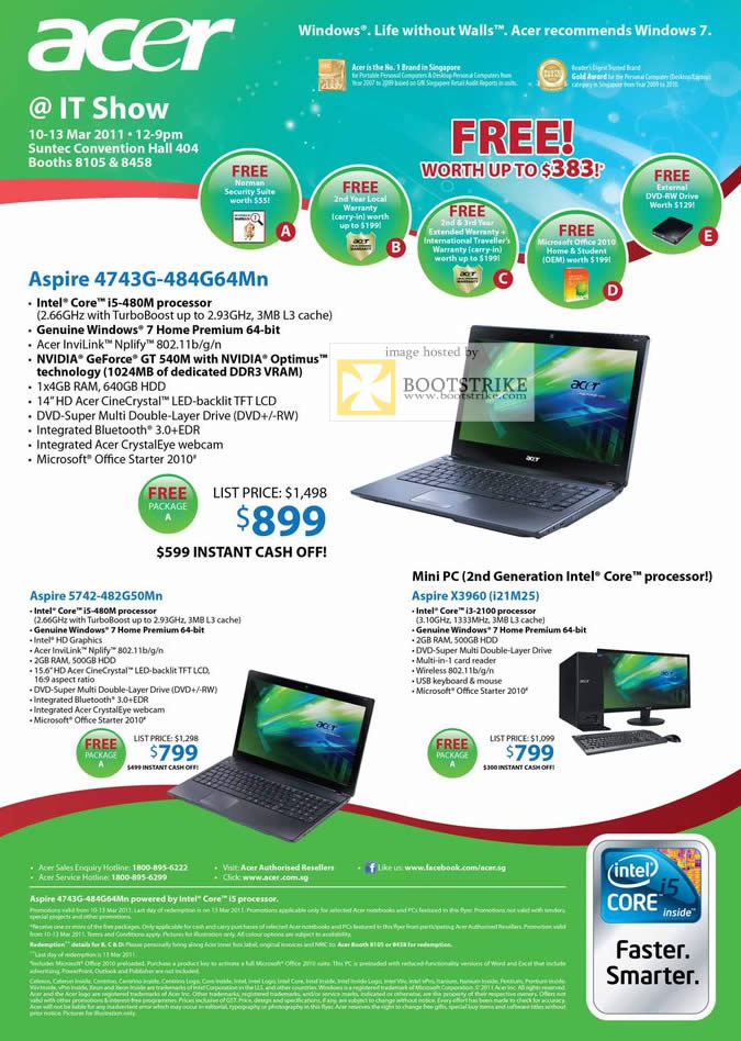 IT Show 2011 price list image brochure of Acer Notebooks Aspire 4743G-484G64Mn 5742-482G50Mn Mini Desktop PC X3960 I21M25