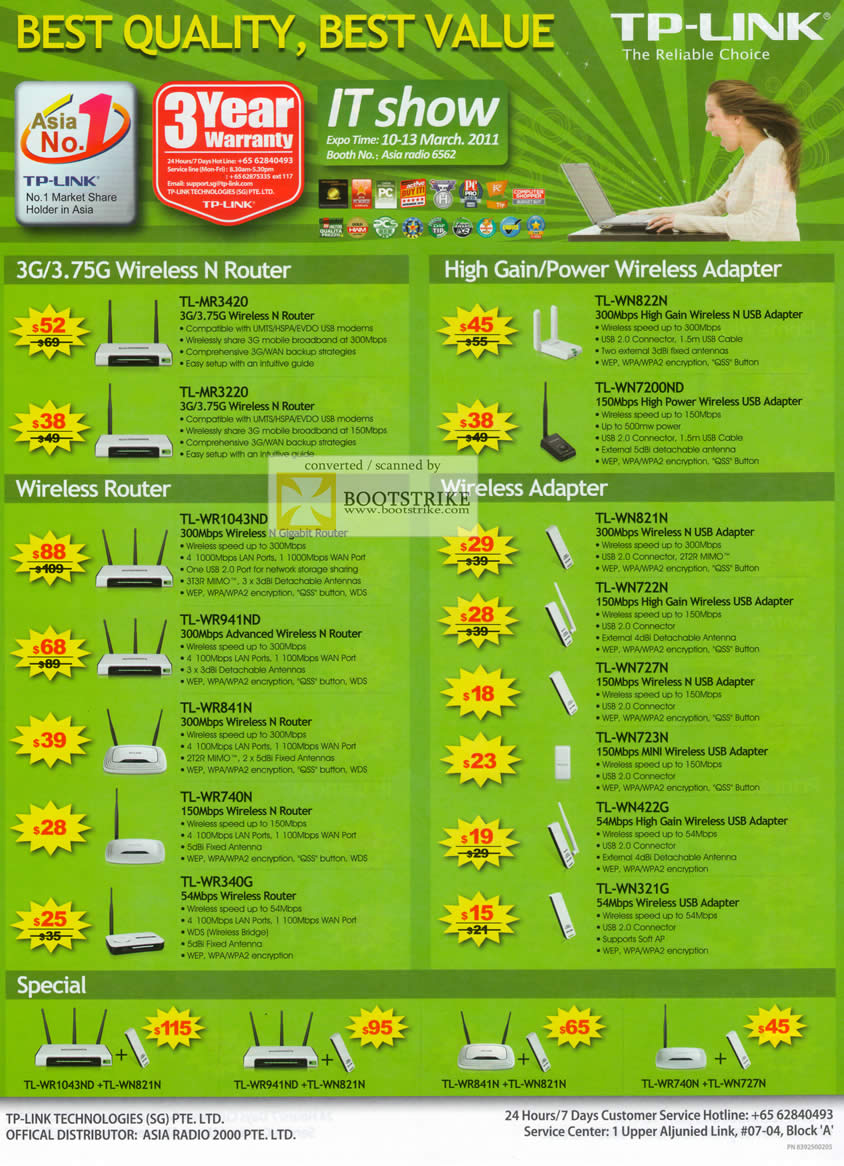 IT Show 2011 price list image brochure of Asia Radio TP-Link Wireless N Router Adapter TL-MR3420 MR3220 WN822N WN7200ND WR1043ND WN821N WR340G WN321G