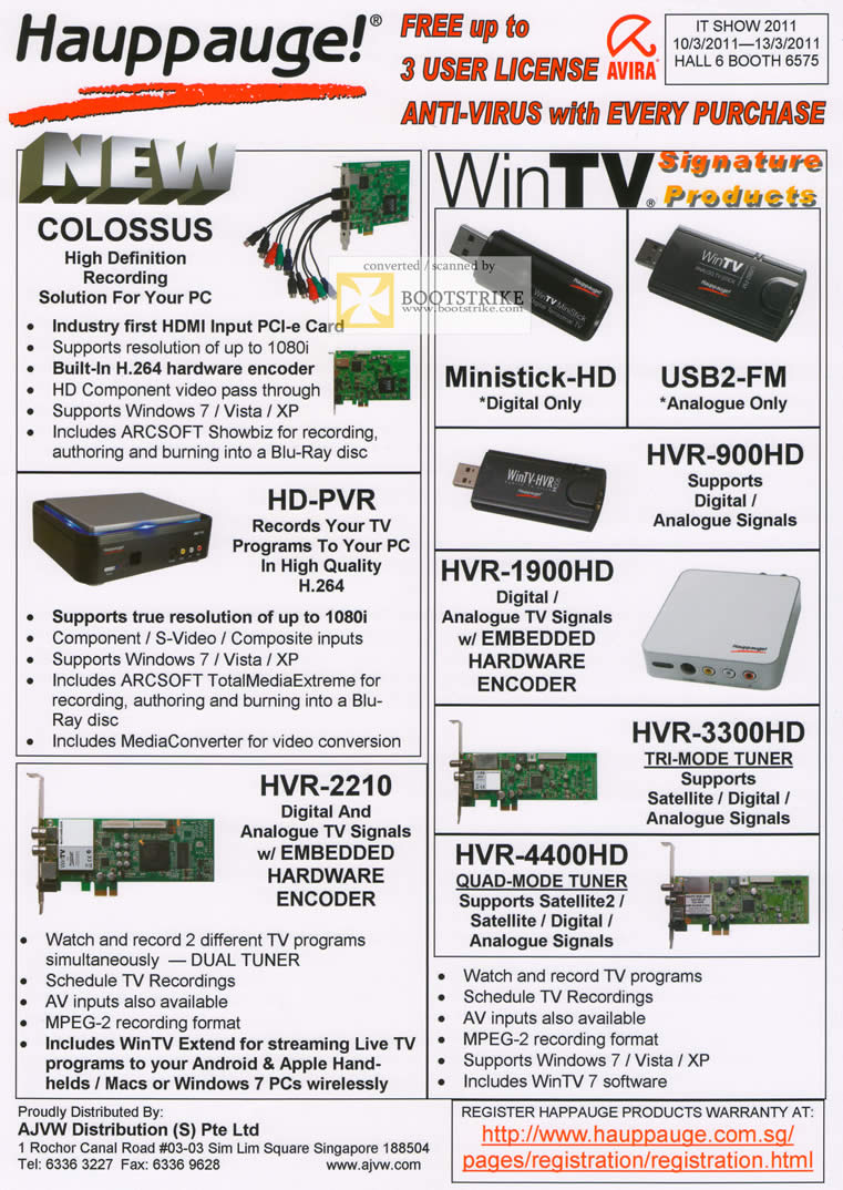 IT Show 2011 price list image brochure of Aurica Hauppauge Colossus HD Recording Ministick USB2-FM HVR-900HD 1900HD PVR 3300HD 4400HD 2210 Video Capture Encoder