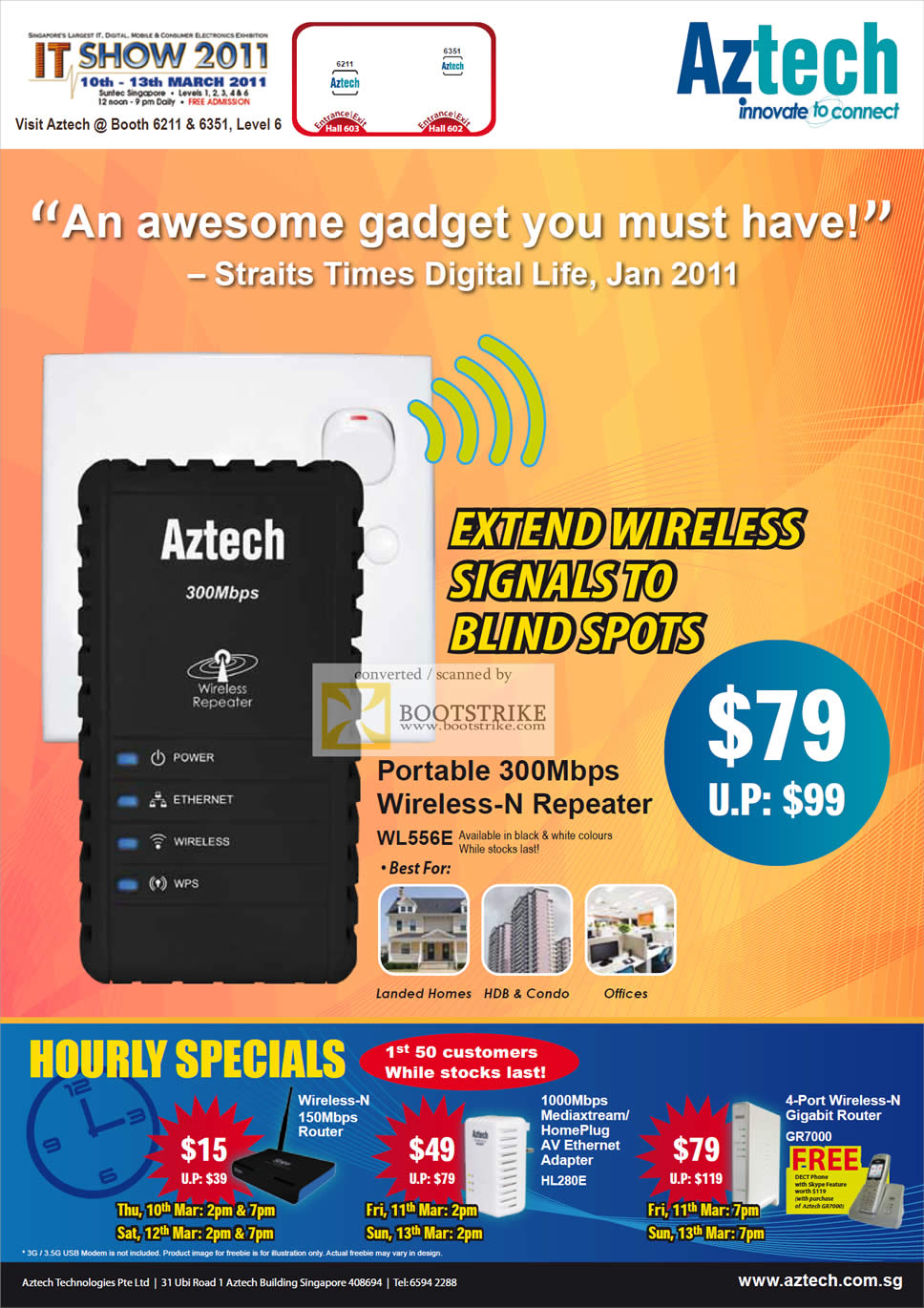 IT Show 2011 price list image brochure of Aztech Wireless N Repeater WL556E Hourly Specials HL280E GR7000