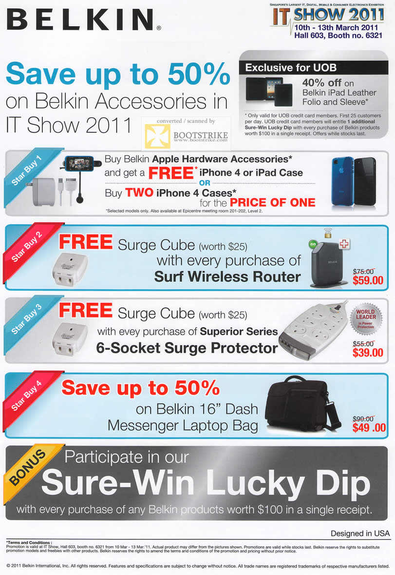 IT Show 2011 price list image brochure of Ban Leong Belkin Star Buys Apple Hardware Accessories Surge Cube Sure Win Lucky Dip