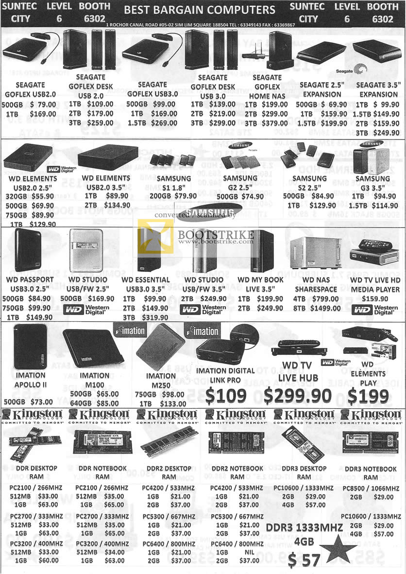 IT Show 2011 price list image brochure of Best Bargain External Storage Seagate Goflex Desk WD Elements Samsung G2 S2 G3 Studio Essential My Book NAS Imation RAM Kingston