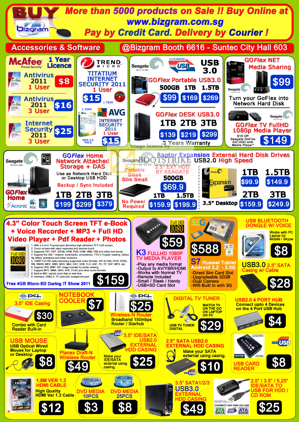 IT Show 2011 price list image brochure of Bizgram Accessories Antivirus Mcafee Trend Micro Seagate External Storage GoFlex NAS Raptor Expansion Media Player K3 S7 Huawei Router