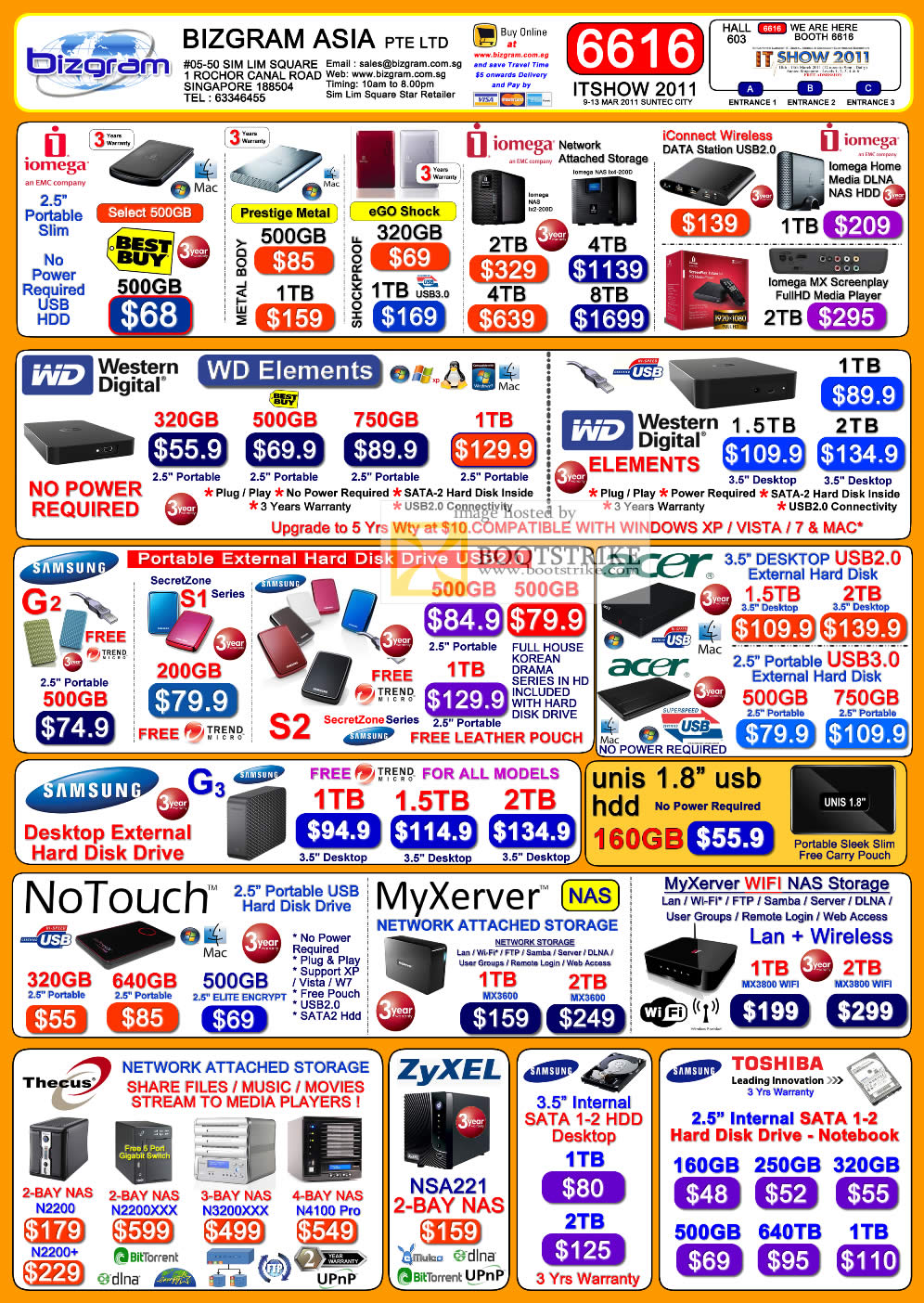 IT Show 2011 price list image brochure of Bizgram External Storage Iomega Prestige IConnect NAS WD Elements Samsung G2 SecretZone Acer Unis Thecus Zyxel Internal Hard Disk Toshiba SATA