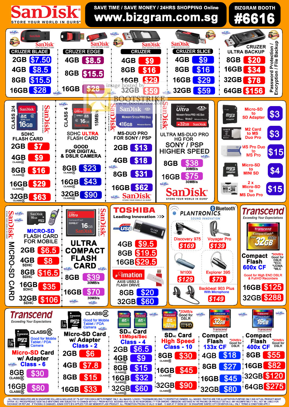 IT Show 2011 price list image brochure of Bizgram Sandisk Flash Memory Cruzer Blade Edge Slice Ultra Backup SDHC Ultra MS-DUO MicroSD M2 Duo Pro Compact Plantronics Transcend