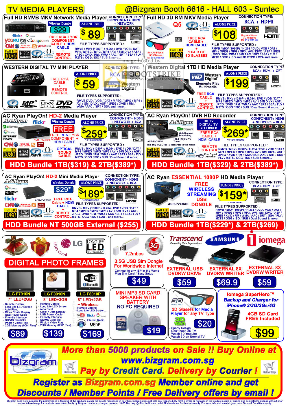 IT Show 2011 price list image brochure of Bizgram TV Media Player Q5 3D WD TV Mini AC Ryan PlayOn HD-2 DVR Essential Digital Photo Frames External DVD Drive SuperHero