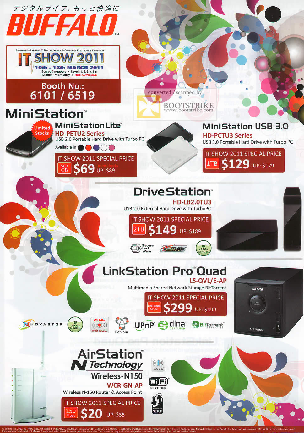 IT Show 2011 price list image brochure of Buffalo MiniStation Lite USB HD-PETU2 HD-PCTU3 DriveStation HD-LB2.0TU3 LS-QVLE-AP LinkStation Pro Quad AirStation WCR-GN-AP