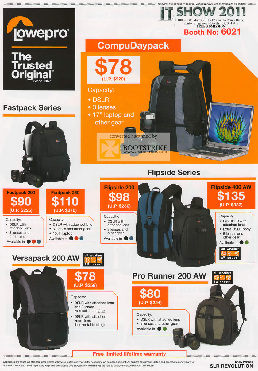 IT Show 2011 price list image brochure of Cathay Photo Lowepro Bags CoupuDaypack Fastpack 200 250 Flipside 200 400 AW Versapack Pro Runner